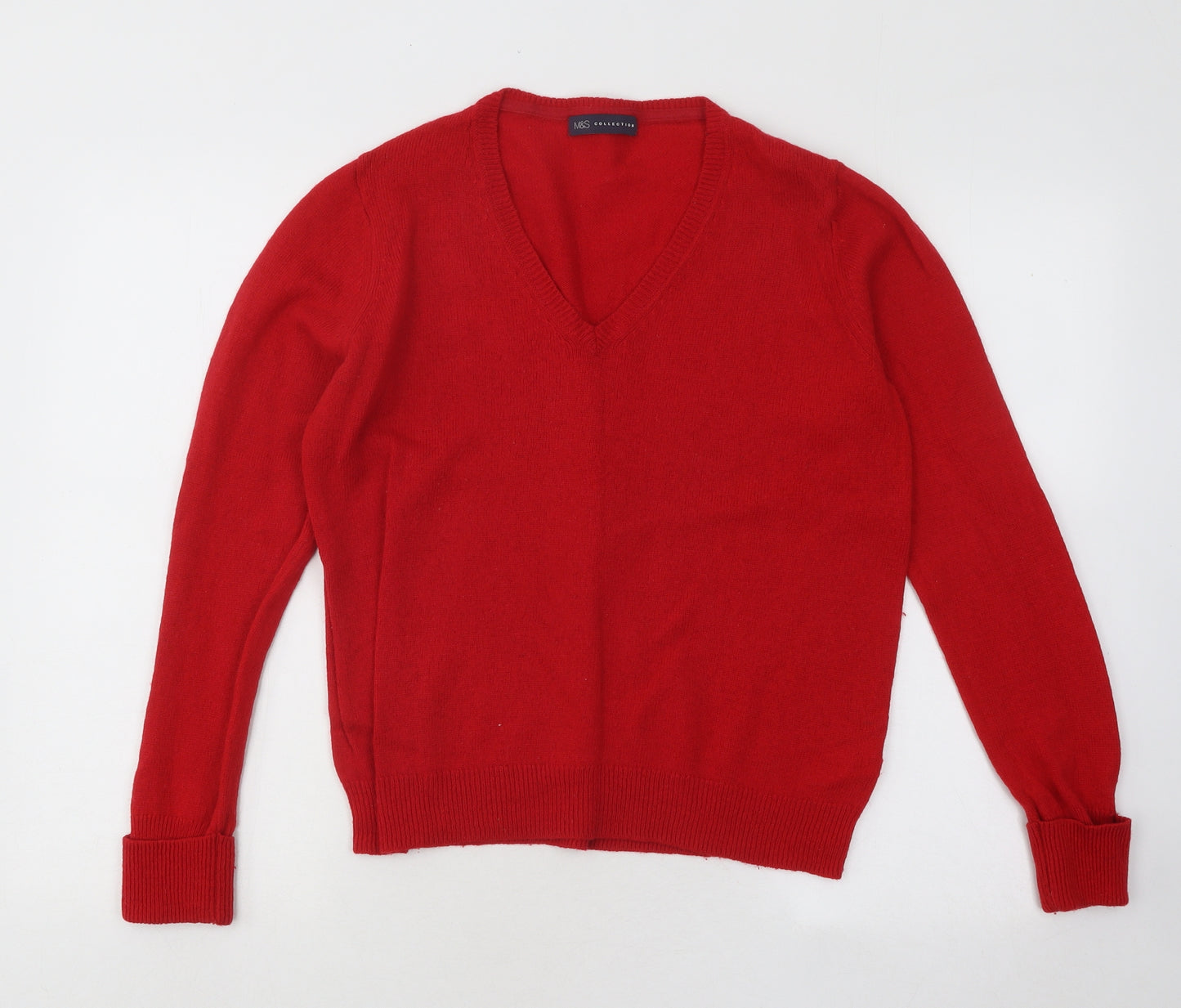 Marks and Spencer Womens Red V-Neck Wool Pullover Jumper Size 14