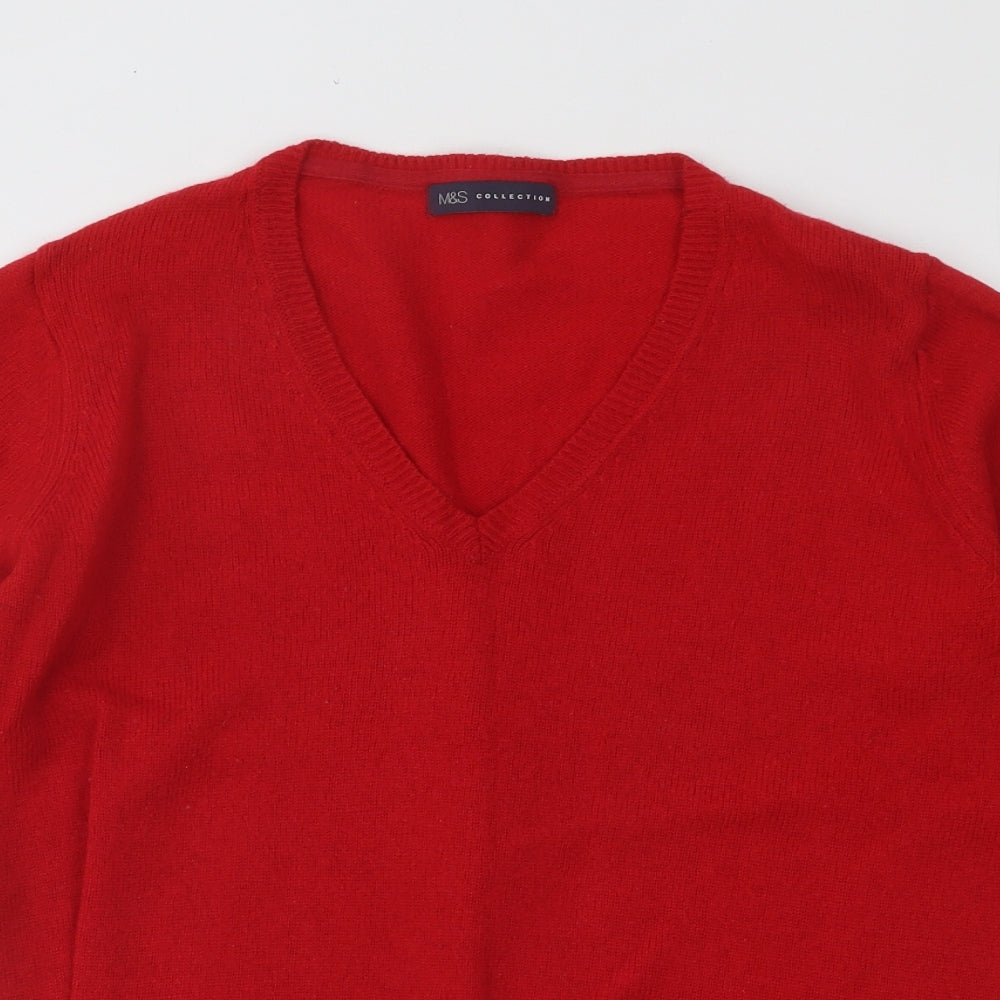 Marks and Spencer Womens Red V-Neck Wool Pullover Jumper Size 14