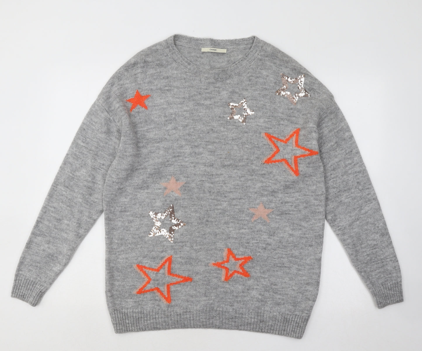 George Womens Grey Round Neck Geometric Acrylic Pullover Jumper Size 16 - Stars