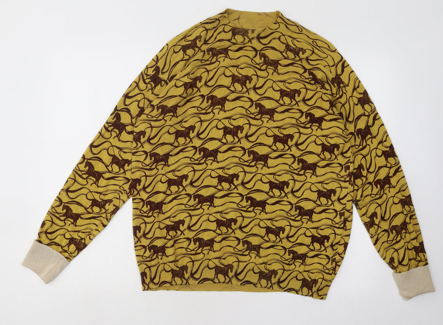 NEXT Womens Yellow Mock Neck Geometric Viscose Pullover Jumper Size L - Horses