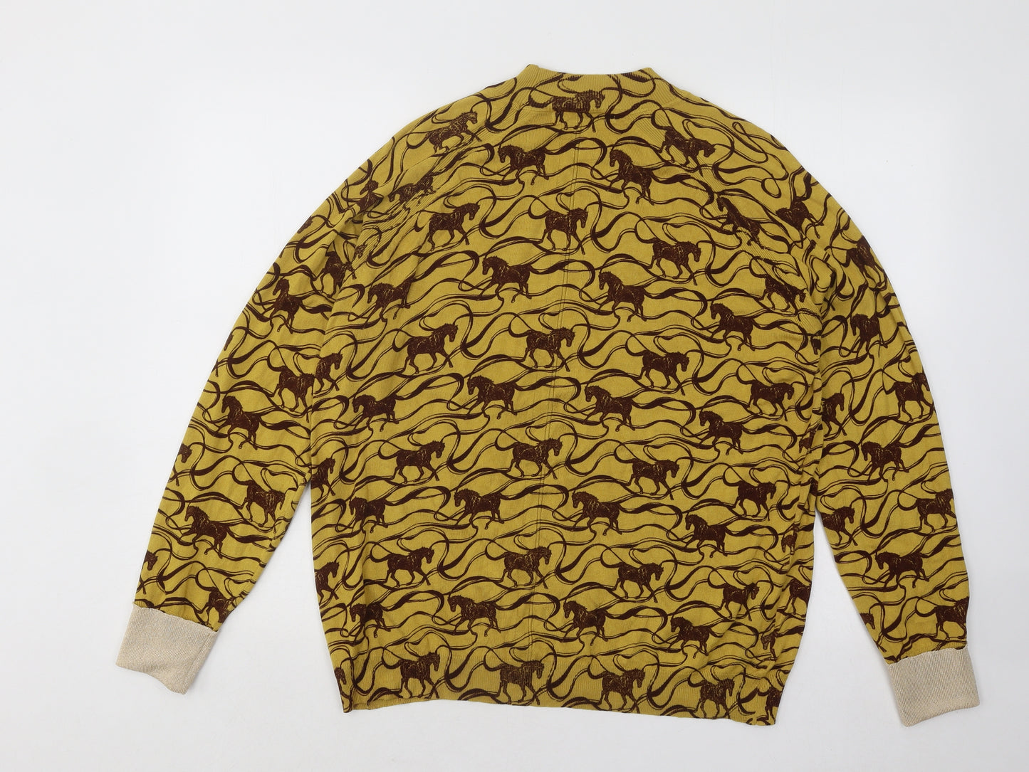 NEXT Womens Yellow Mock Neck Geometric Viscose Pullover Jumper Size L - Horses