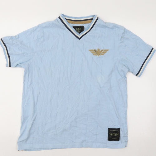 Vintage Football Town Mens Blue Cotton T-Shirt Size L V-Neck