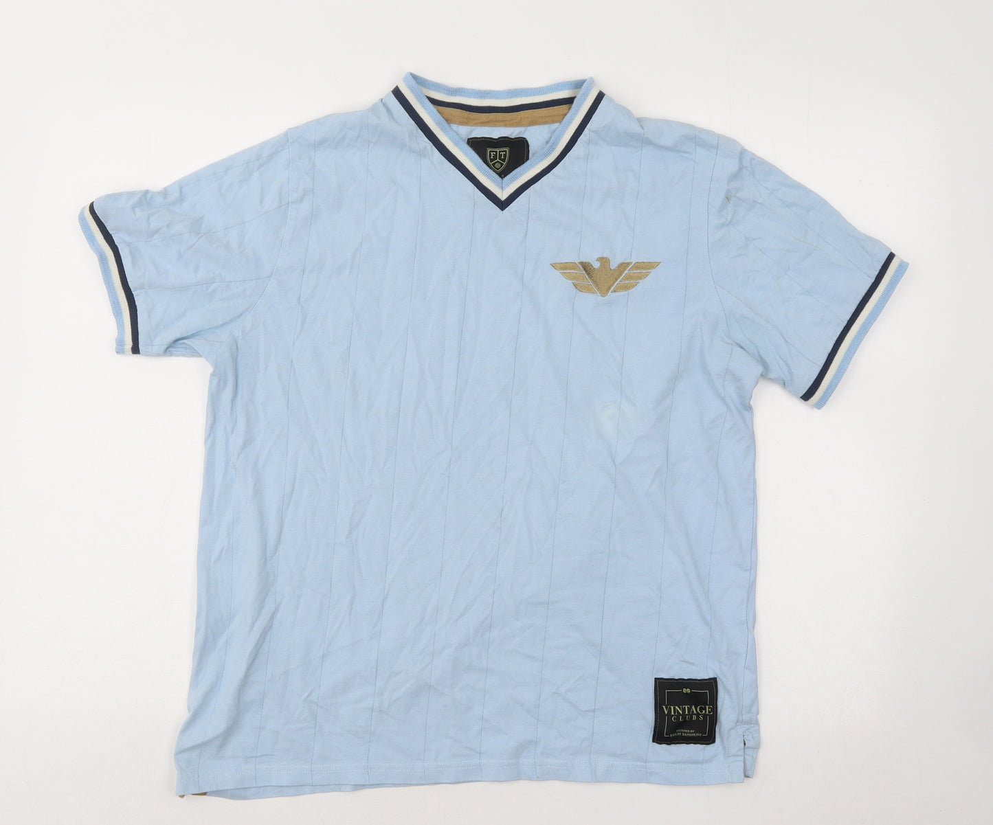 Vintage Football Town Mens Blue Cotton T-Shirt Size L V-Neck