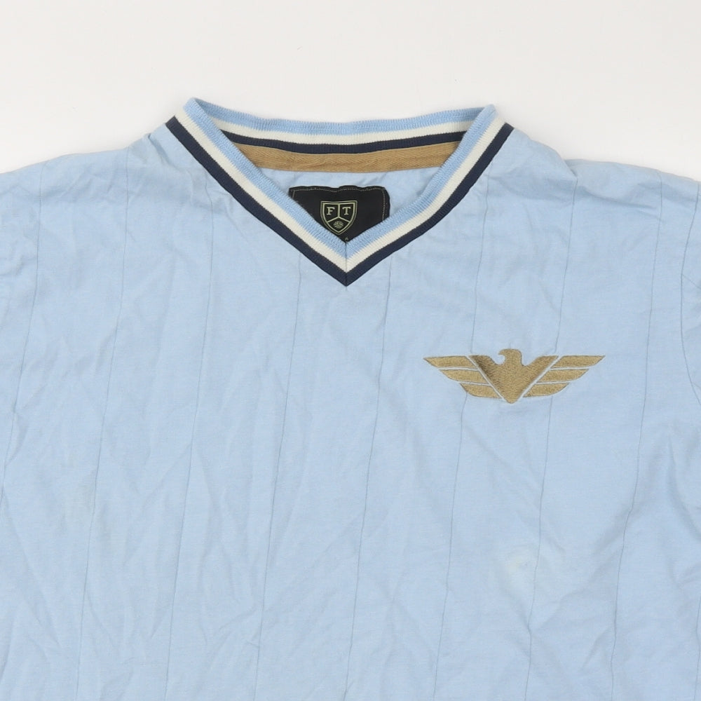 Vintage Football Town Mens Blue Cotton T-Shirt Size L V-Neck