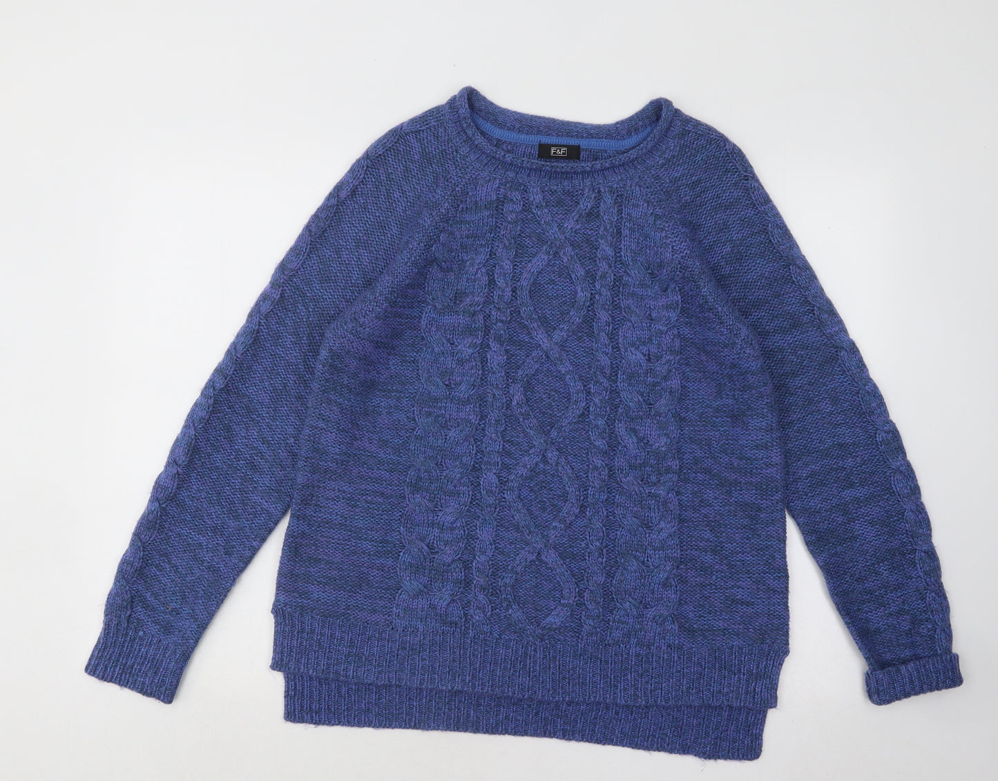 F&F Womens Blue Round Neck Geometric Acrylic Pullover Jumper Size 14