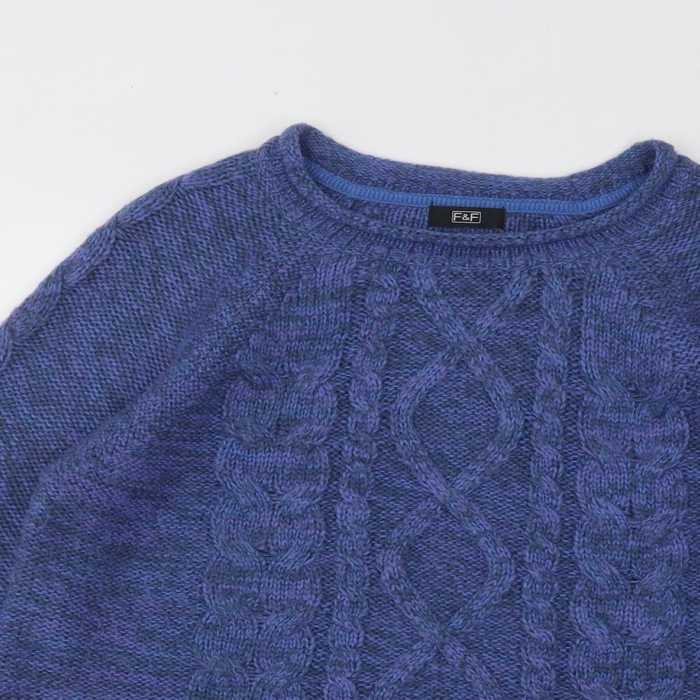 F&F Womens Blue Round Neck Geometric Acrylic Pullover Jumper Size 14