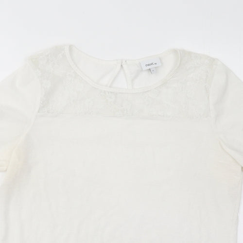 NEXT Womens White Floral Nylon Basic T-Shirt Size 12 Round Neck