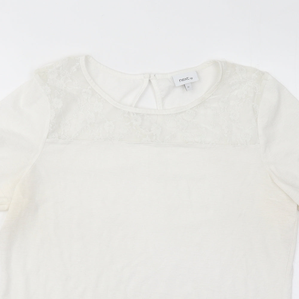 NEXT Womens White Floral Nylon Basic T-Shirt Size 12 Round Neck