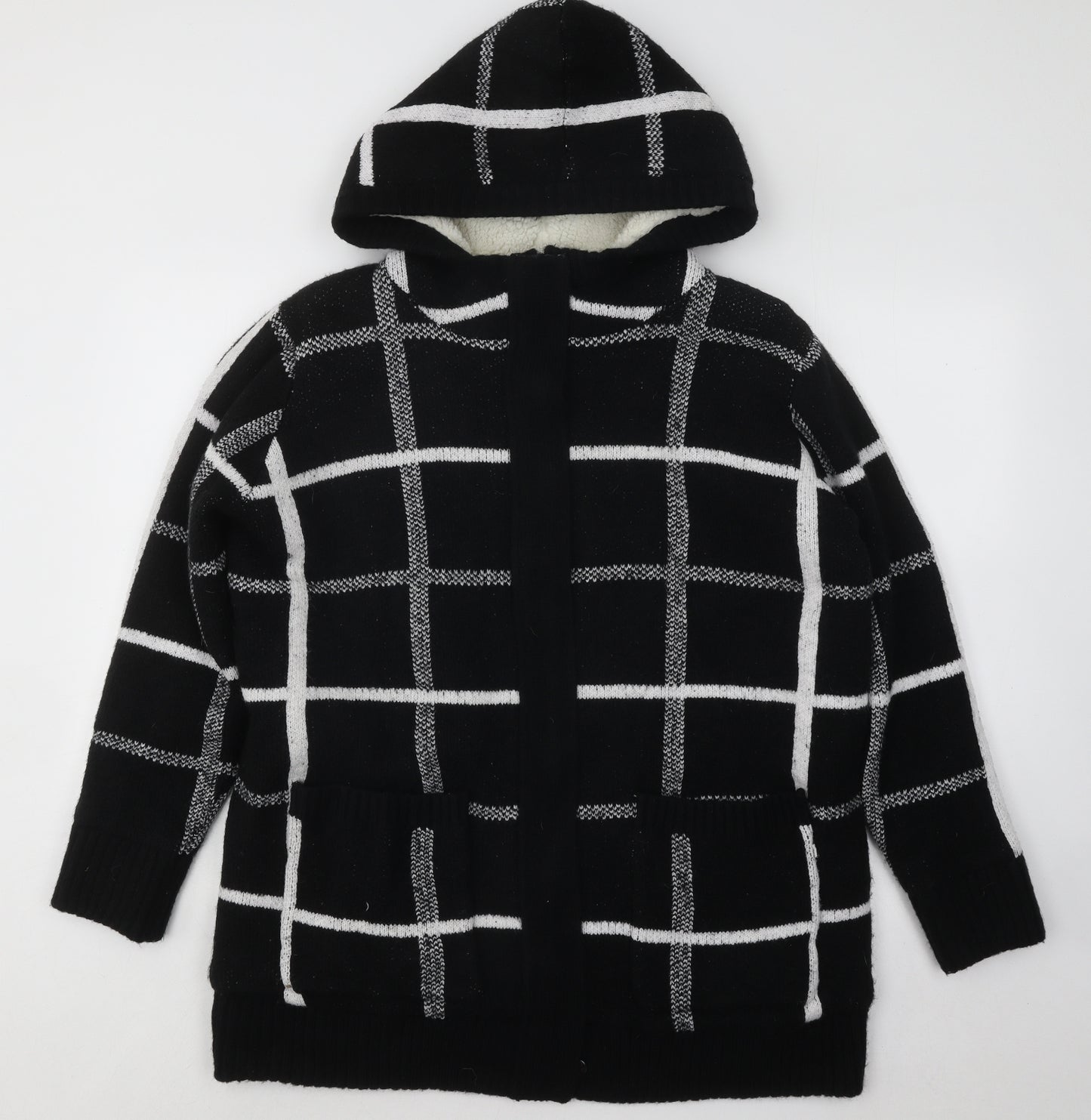 Papaya Womens Black Check Polyester Full Zip Hoodie Size L Zip