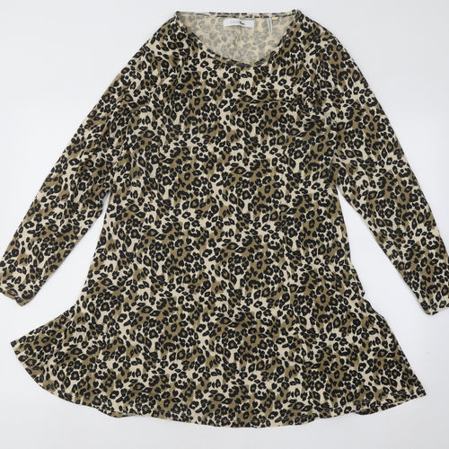 Label Be Womens Multicoloured Animal Print Cotton Skater Dress Size 14 Round Neck Pullover - Leopard pattern