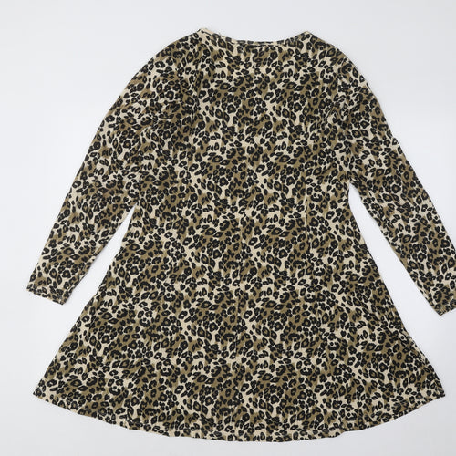 Label Be Womens Multicoloured Animal Print Cotton Skater Dress Size 14 Round Neck Pullover - Leopard pattern
