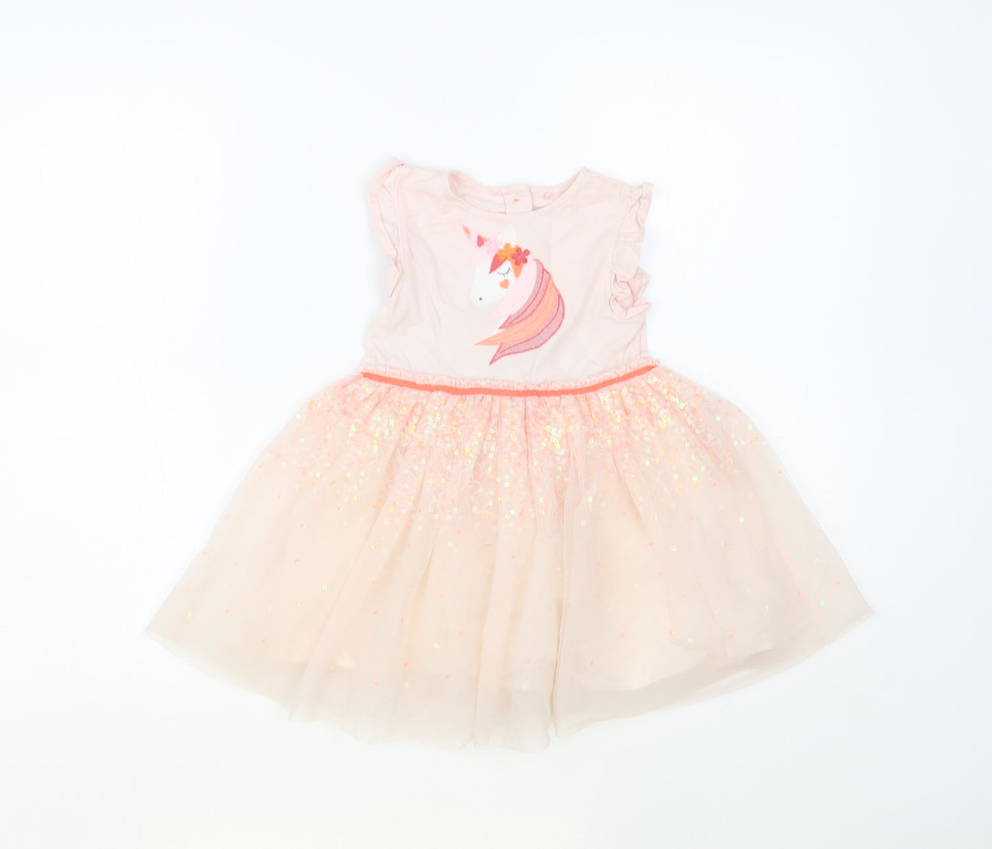 NEXT Baby Pink Cotton Fit & Flare Size 18-24 Months Crew Neck Button - Unicorn