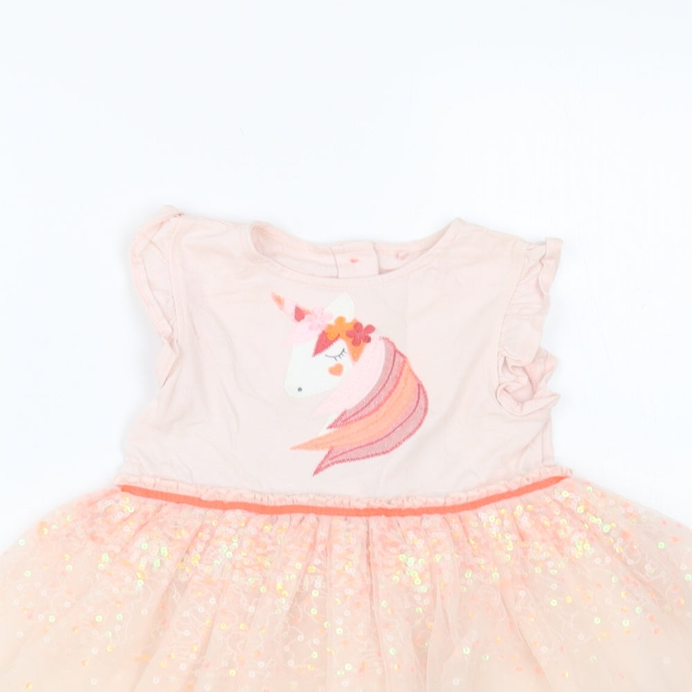 NEXT Baby Pink Cotton Fit & Flare Size 18-24 Months Crew Neck Button - Unicorn