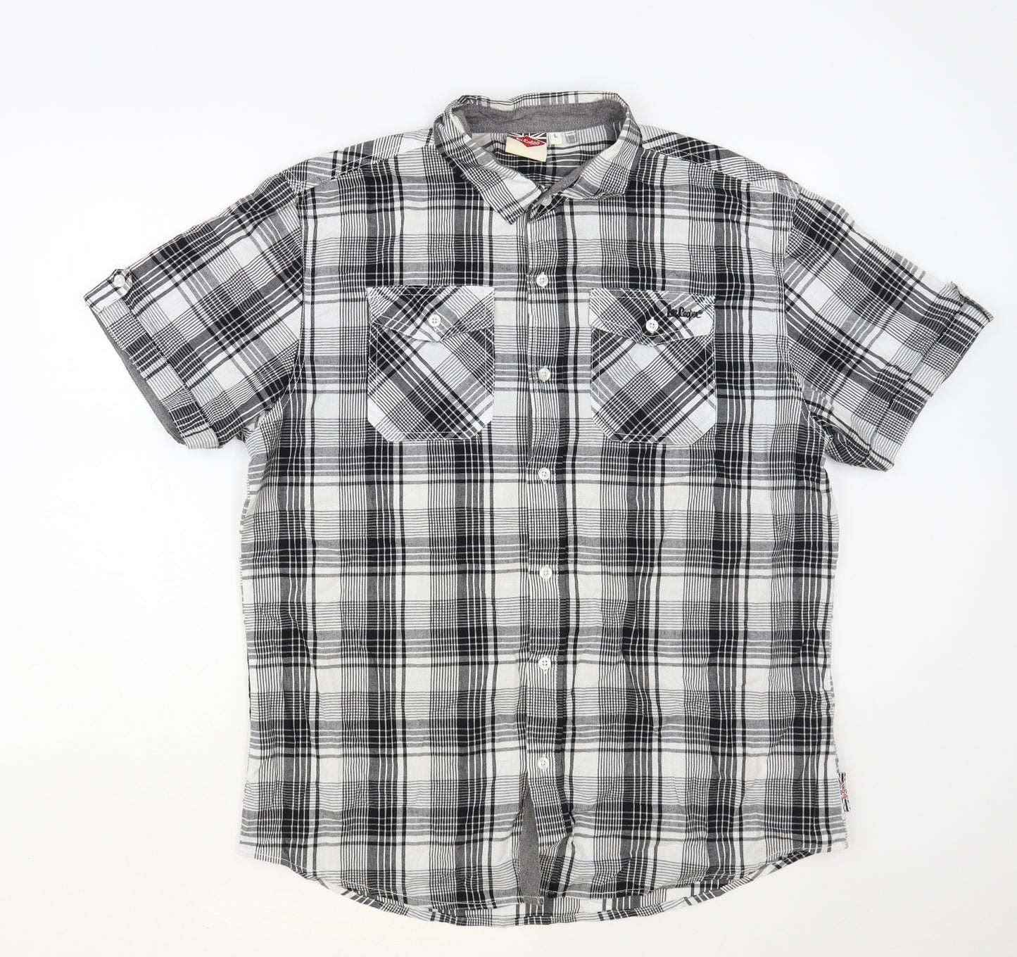 Lee Cooper Mens Black Plaid Cotton Button-Up Size L Collared Button