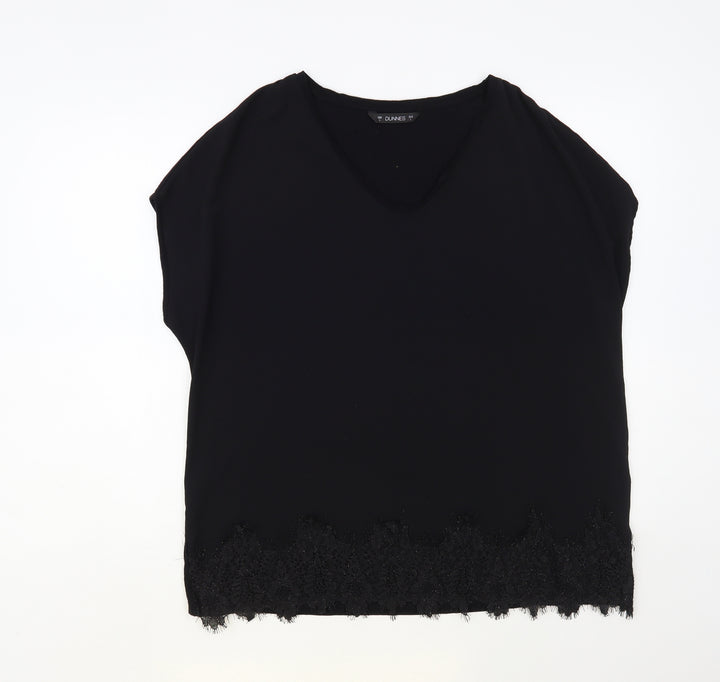 Dunnes Stores Womens Black Polyester Basic Blouse Size L V-Neck - Lace Detail