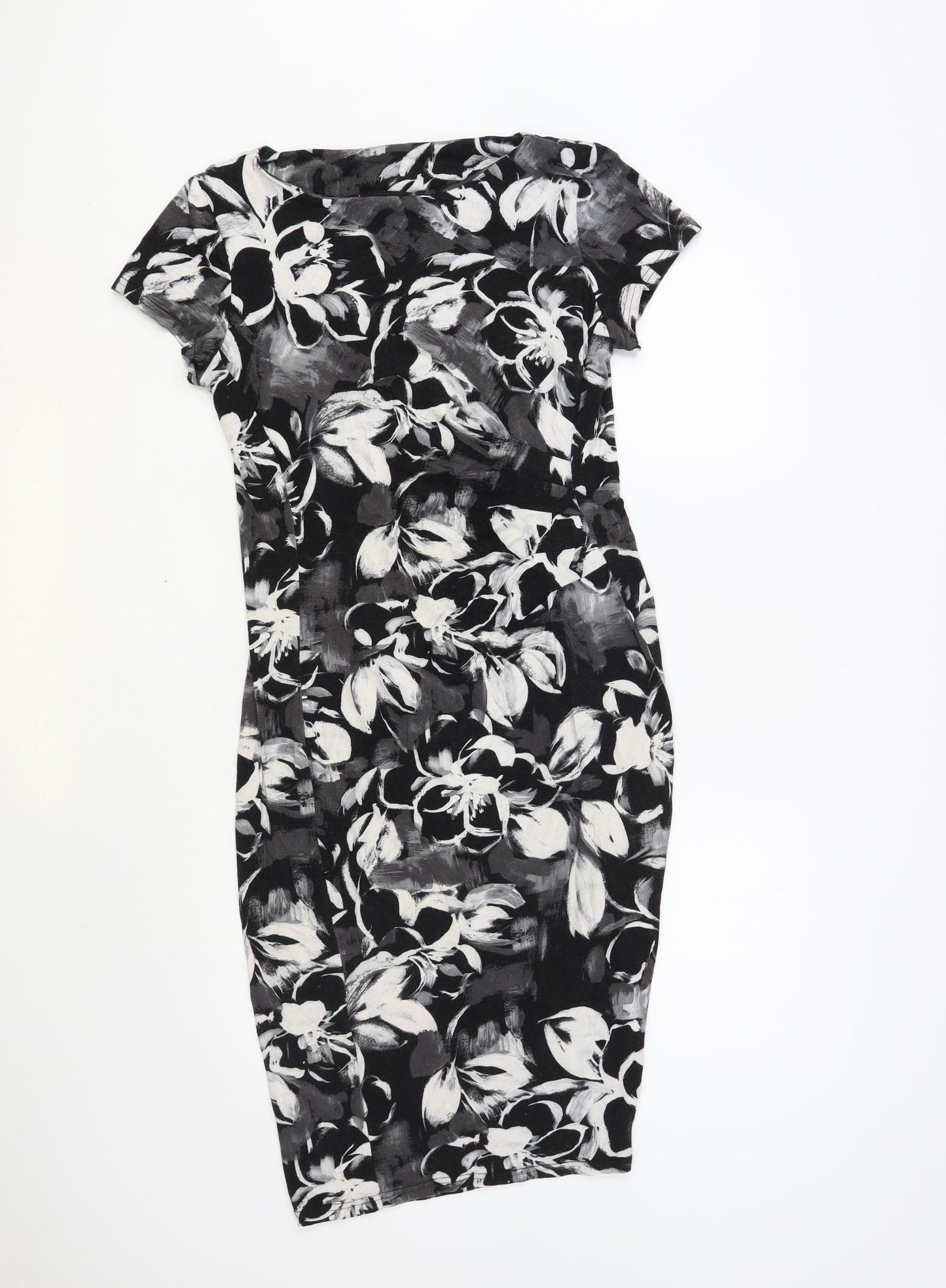 Preworn Womens Black Floral Viscose Pencil Dress Size 12 Round Neck Pullover