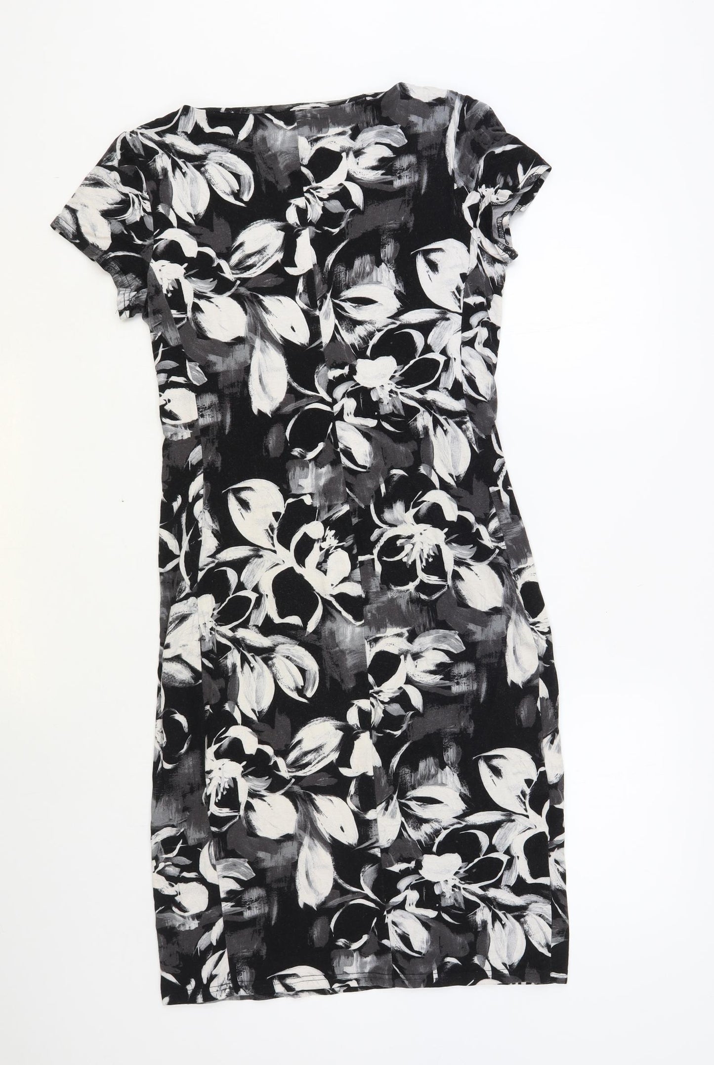 Preworn Womens Black Floral Viscose Pencil Dress Size 12 Round Neck Pullover