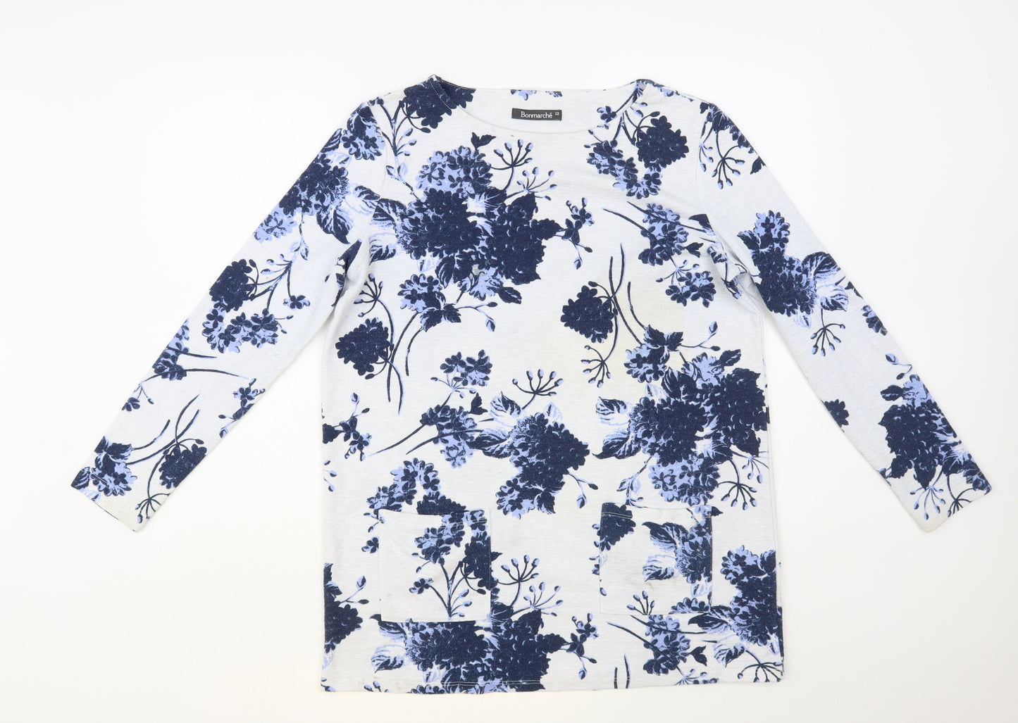 Bonmarché Womens Grey Floral Polyester Basic Blouse Size 12 Round Neck