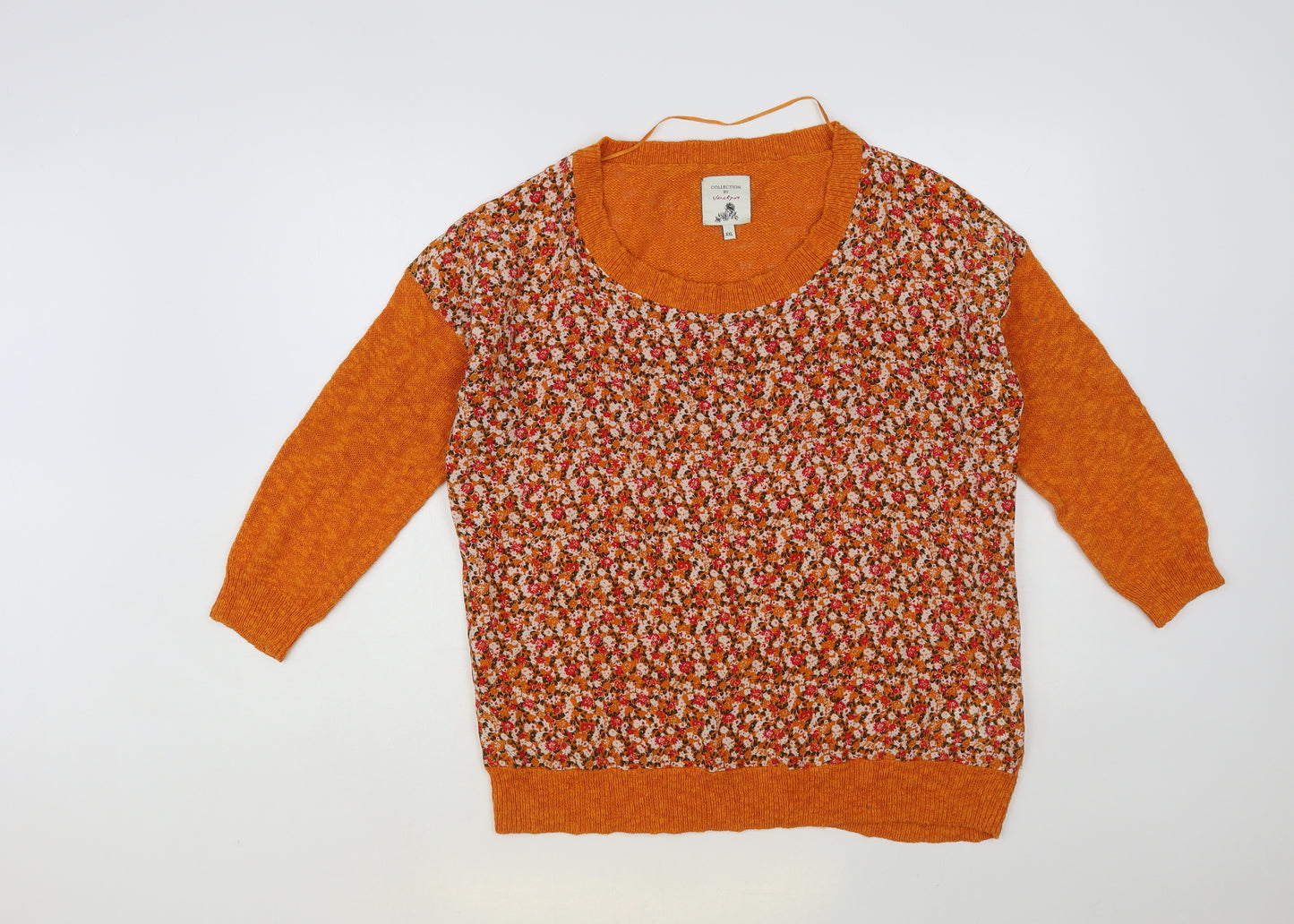 Jackpot Womens Orange Scoop Neck Floral Cotton Pullover Jumper Size 2XL