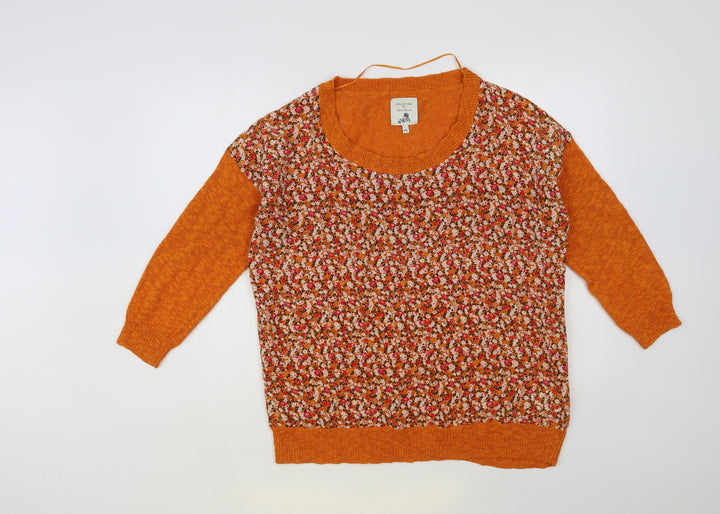 Jackpot Womens Orange Scoop Neck Floral Cotton Pullover Jumper Size 2XL