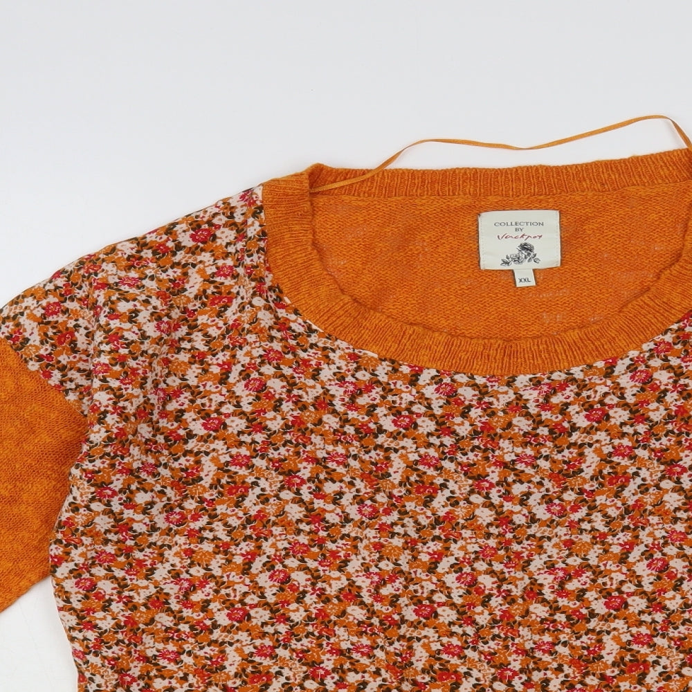 Jackpot Womens Orange Scoop Neck Floral Cotton Pullover Jumper Size 2XL
