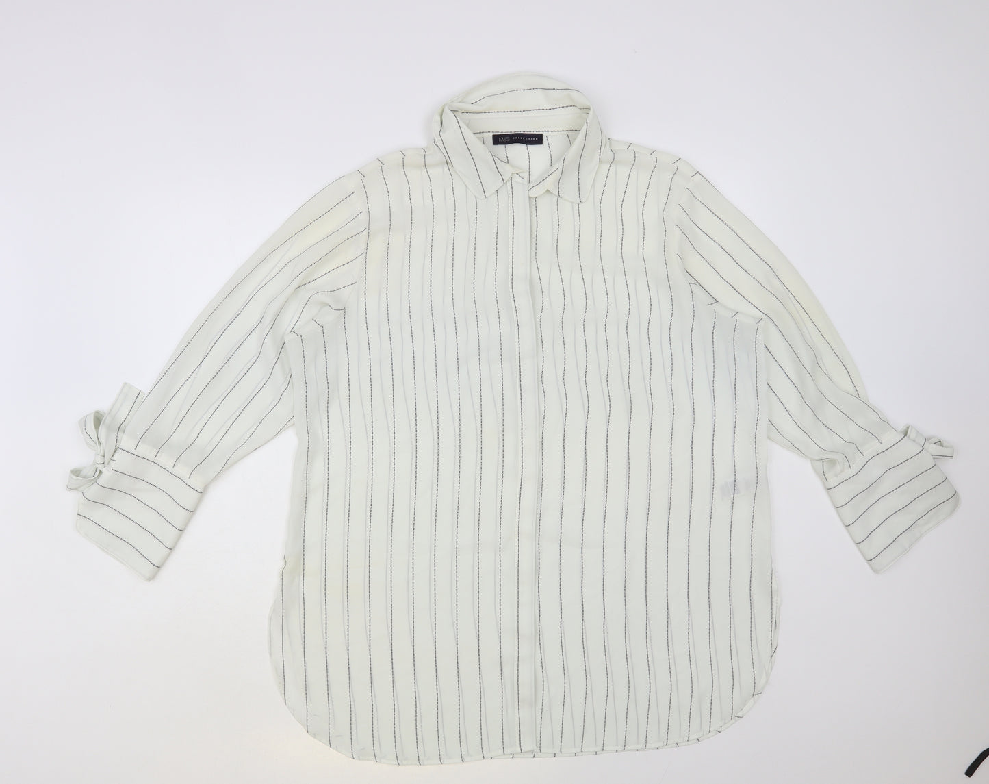 Marks and Spencer Womens White Striped Polyester Basic Button-Up Size 16 Collared - Tie Sleeve Detail