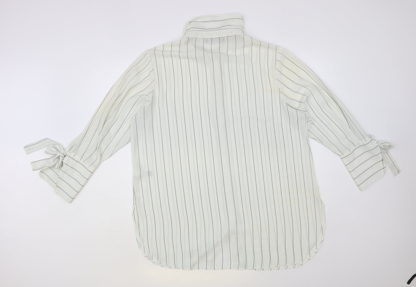 Marks and Spencer Womens White Striped Polyester Basic Button-Up Size 16 Collared - Tie Sleeve Detail