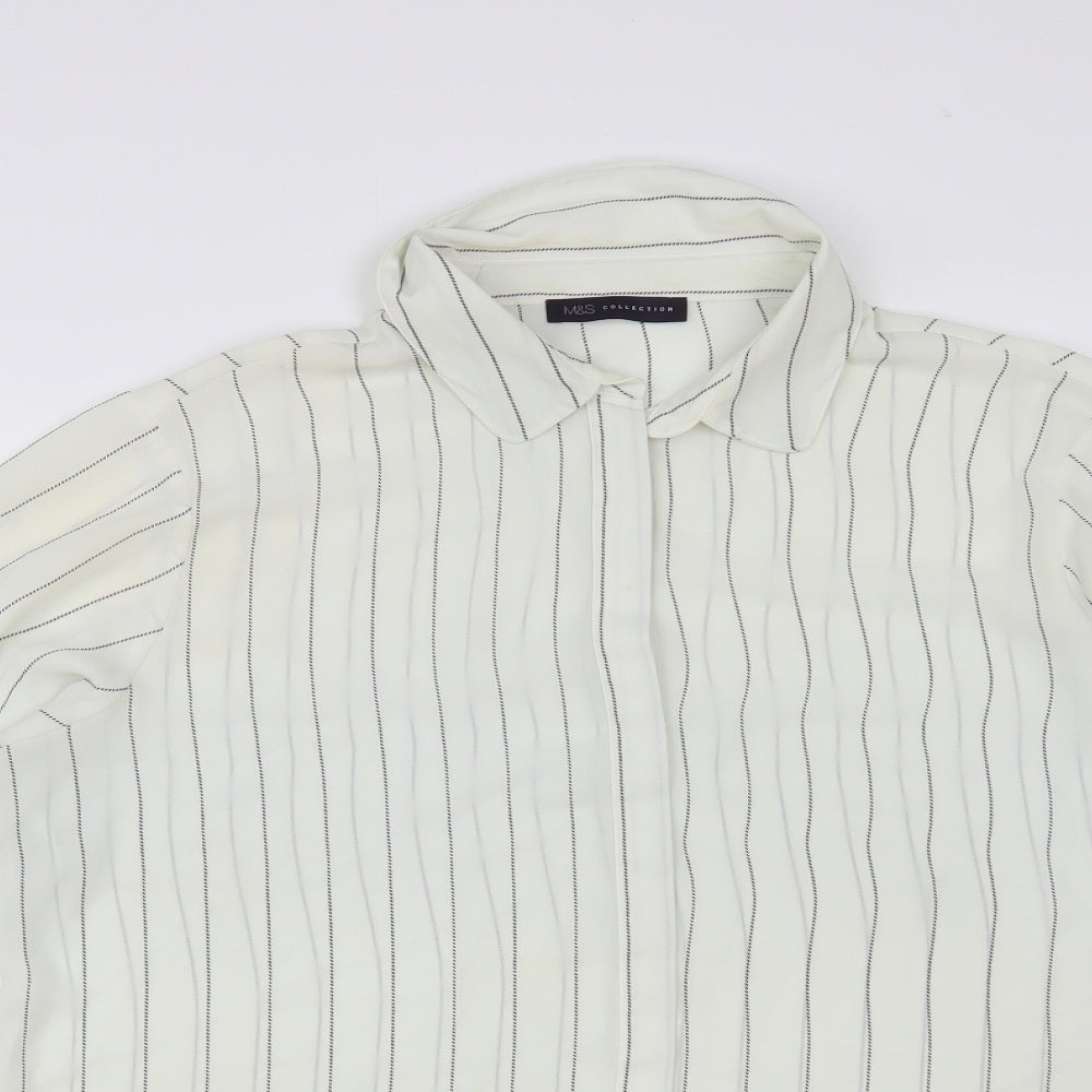 Marks and Spencer Womens White Striped Polyester Basic Button-Up Size 16 Collared - Tie Sleeve Detail
