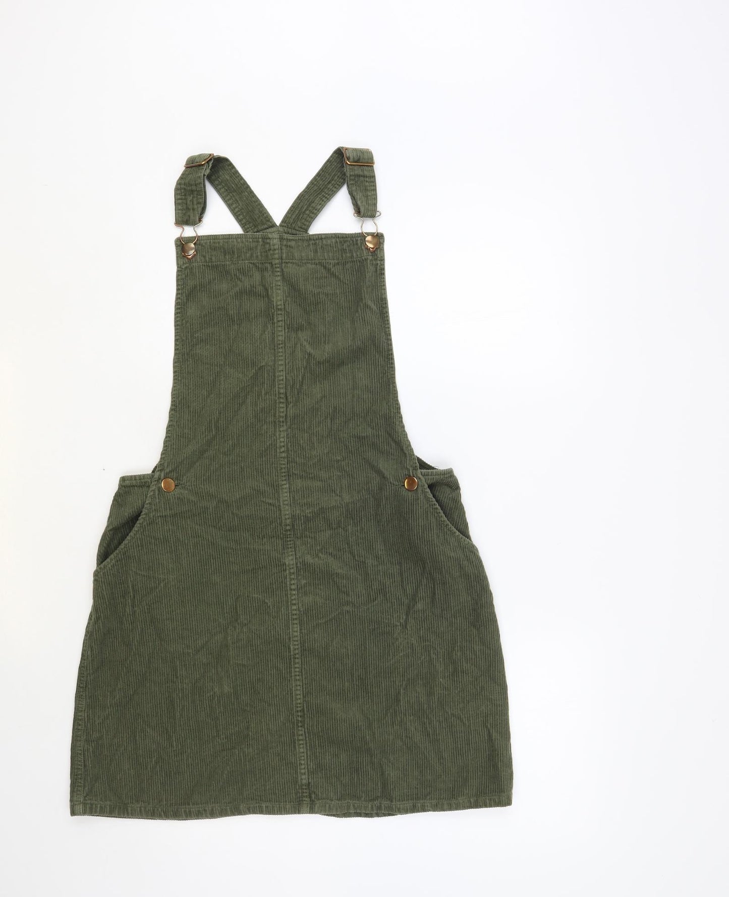 Marks and Spencer Girls Green Cotton Pinafore/Dungaree Dress Size 13-14 Years Square Neck Button