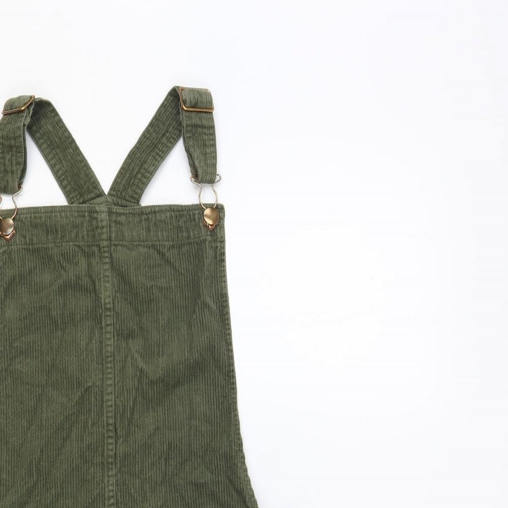 Marks and Spencer Girls Green Cotton Pinafore/Dungaree Dress Size 13-14 Years Square Neck Button