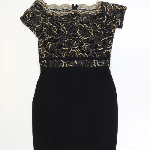 Paper Dolls Womens Black Floral Viscose Mini Size 10 Off the Shoulder Zip - Lace Detail