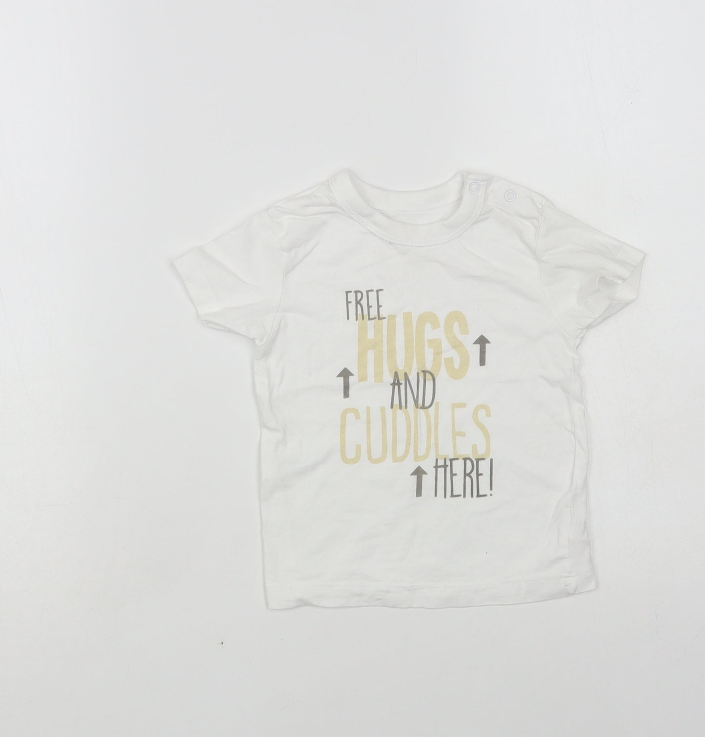 Pep & Co Baby White Cotton Basic T-Shirt Size 9-12 Months Crew Neck Snap - Free Hugs