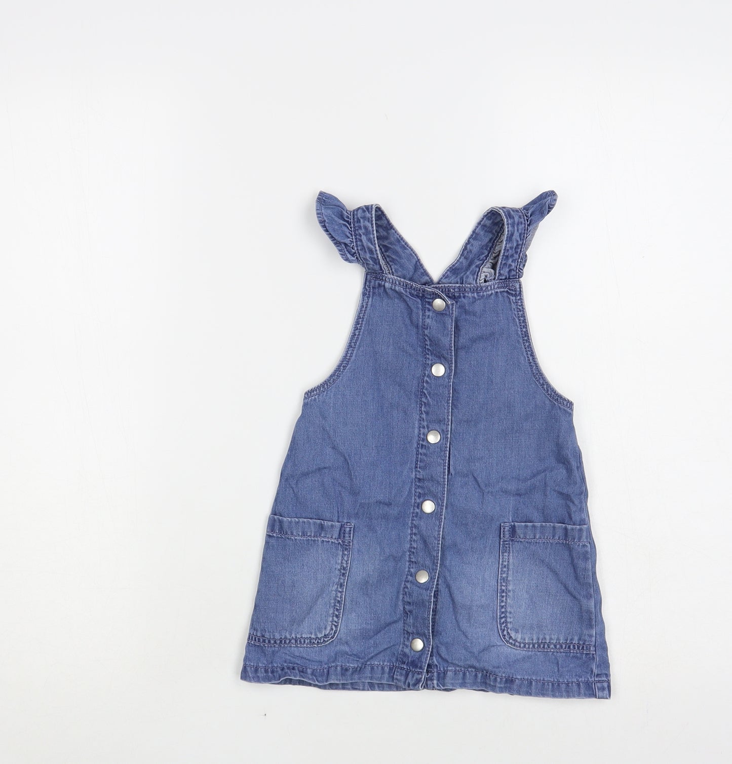 F&F Baby Blue Cotton Pinafore/Dungaree Dress Size 12-18 Months Square Neck Snap