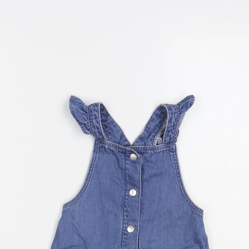 F&F Baby Blue Cotton Pinafore/Dungaree Dress Size 12-18 Months Square Neck Snap