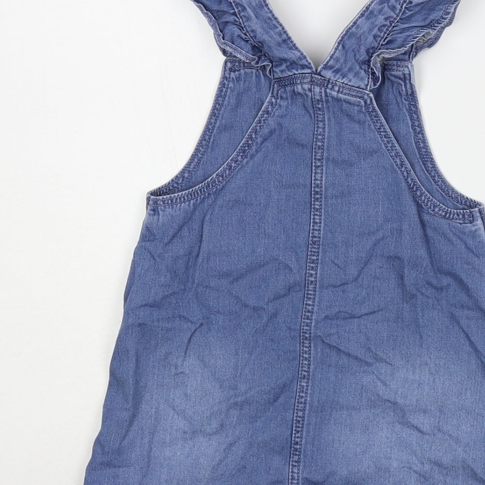F&F Baby Blue Cotton Pinafore/Dungaree Dress Size 12-18 Months Square Neck Snap