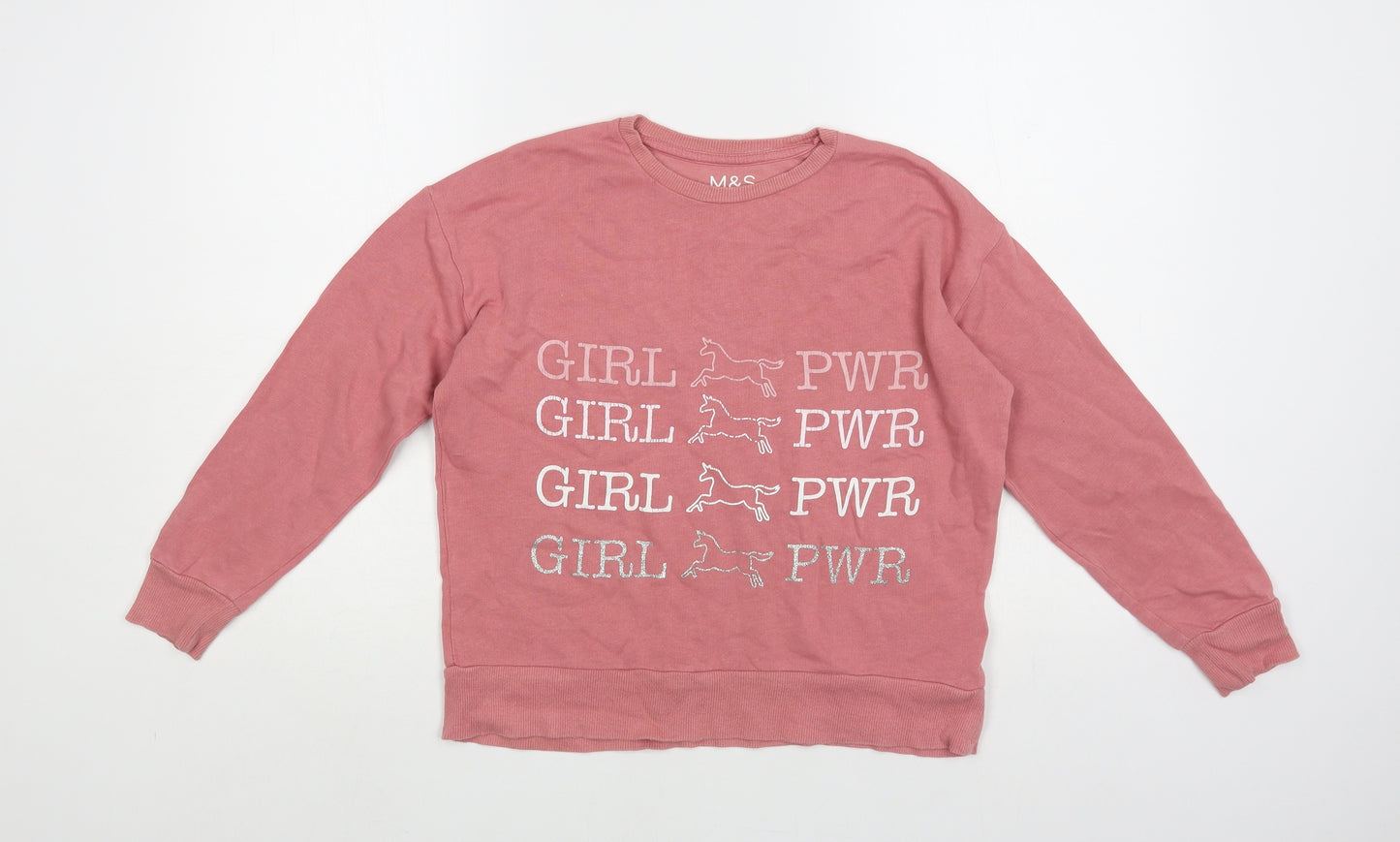 Marks and Spencer Girls Pink Cotton Pullover Sweatshirt Size 10 Years Pullover - Girl Power