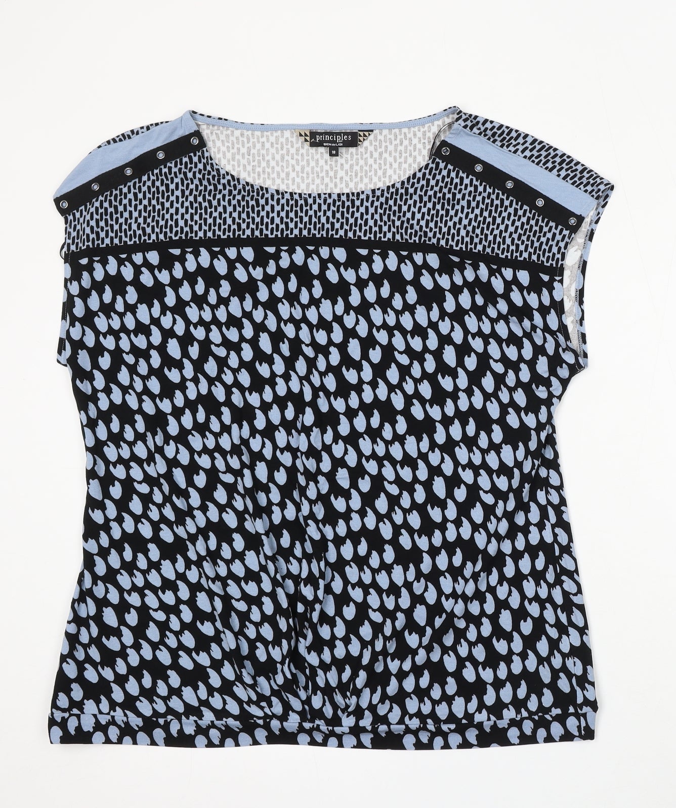 Principles Womens Blue Geometric Cotton Basic Blouse Size 18 Round Neck
