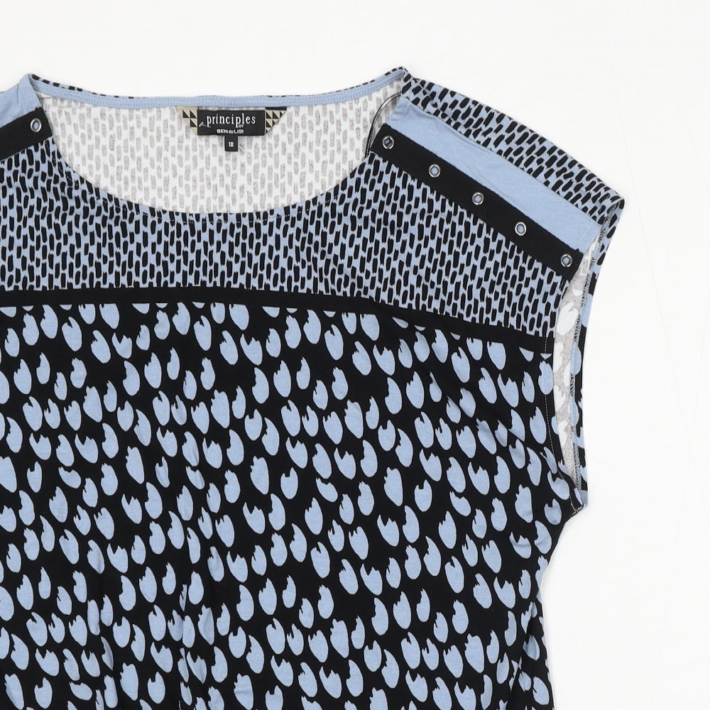 Principles Womens Blue Geometric Cotton Basic Blouse Size 18 Round Neck