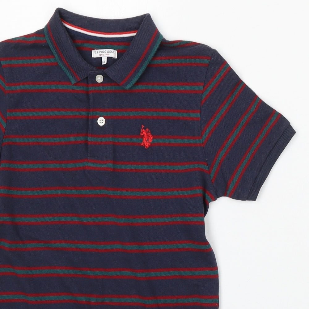 US Polo Assn. Boys Blue Striped Cotton Basic Polo Size 8-9 Years Collared Button