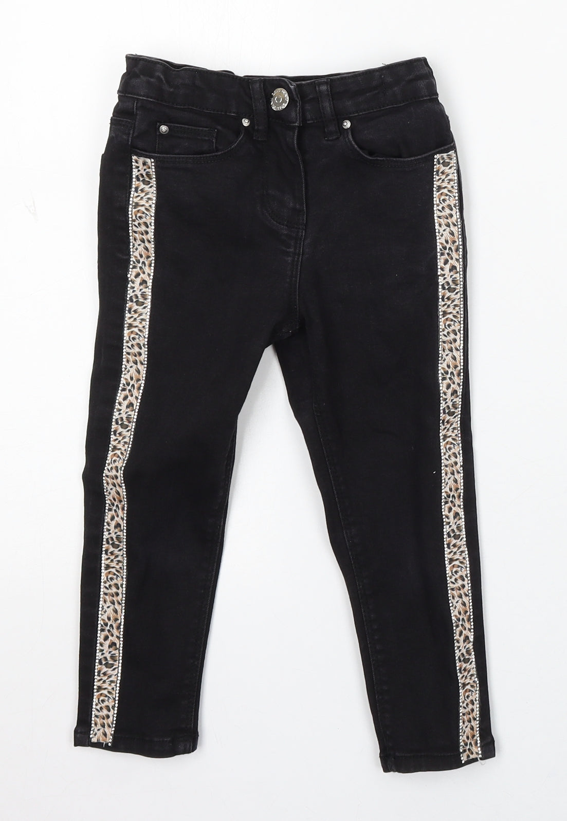 Matalan Girls Black Animal Print Cotton Skinny Jeans Size 4 Years Regular Button - Leopard Print