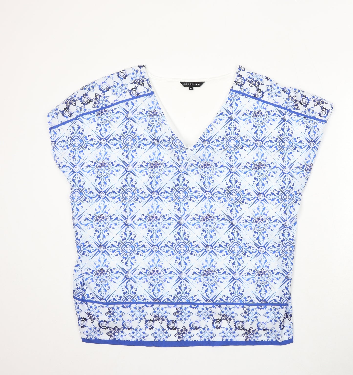Peacocks Womens Blue Geometric Cotton Basic T-Shirt Size 22 V-Neck