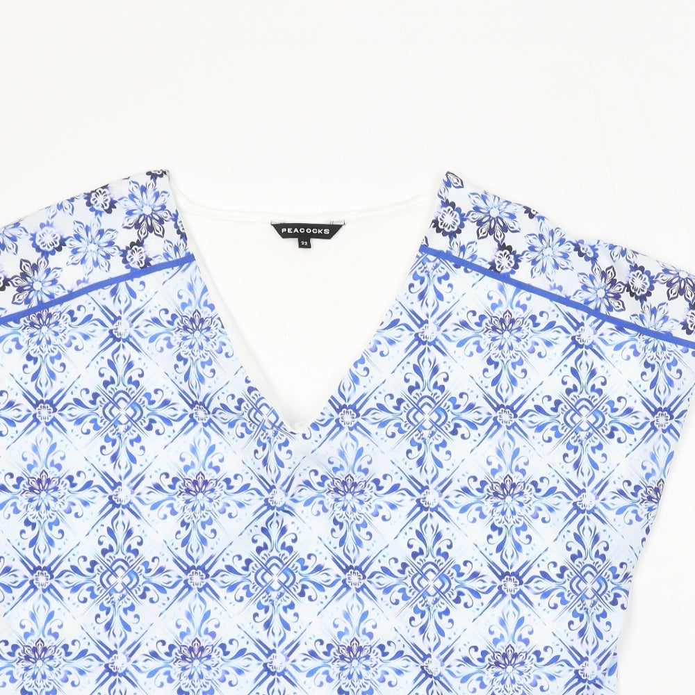 Peacocks Womens Blue Geometric Cotton Basic T-Shirt Size 22 V-Neck
