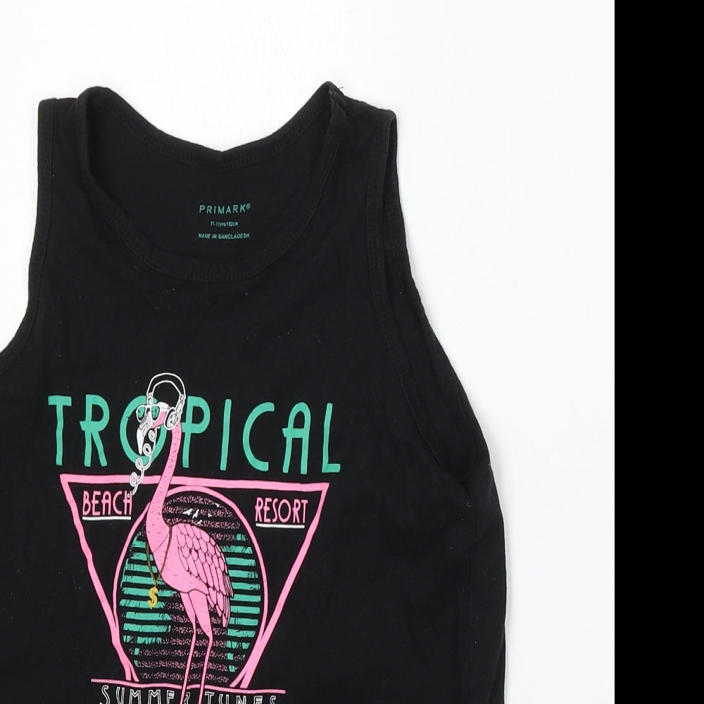 Primark Boys Black Cotton Basic Tank Size 11-12 Years Round Neck - Tropical Resort