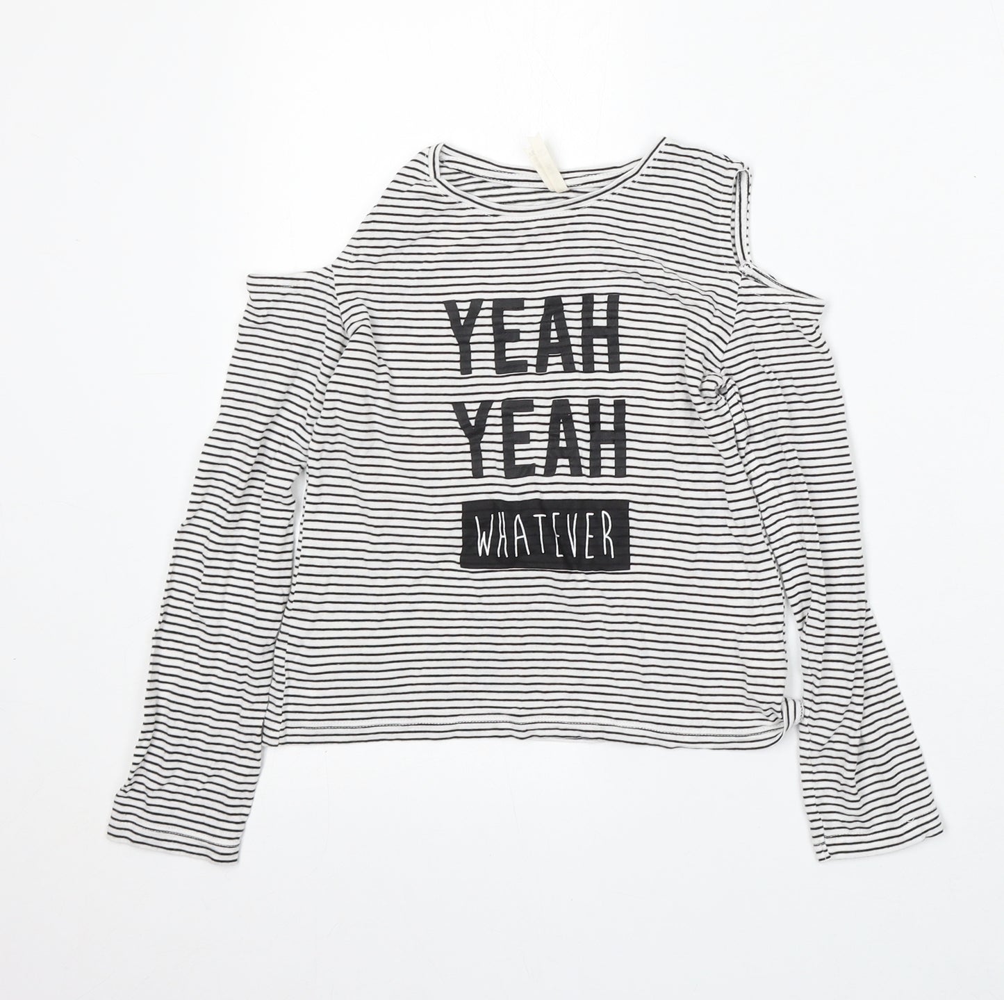 Young Dimension Girls White Striped Cotton Basic T-Shirt Size 9-10 Years Round Neck - Yeah Yeah Whatever