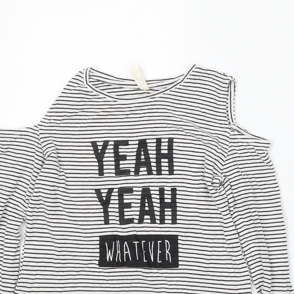 Young Dimension Girls White Striped Cotton Basic T-Shirt Size 9-10 Years Round Neck - Yeah Yeah Whatever