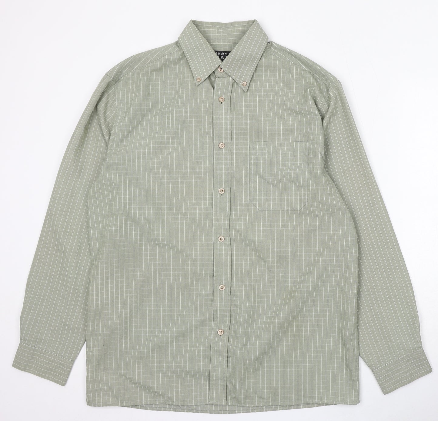 Thomas Nash Mens Green Check Cotton Button-Up Size M Collared Button