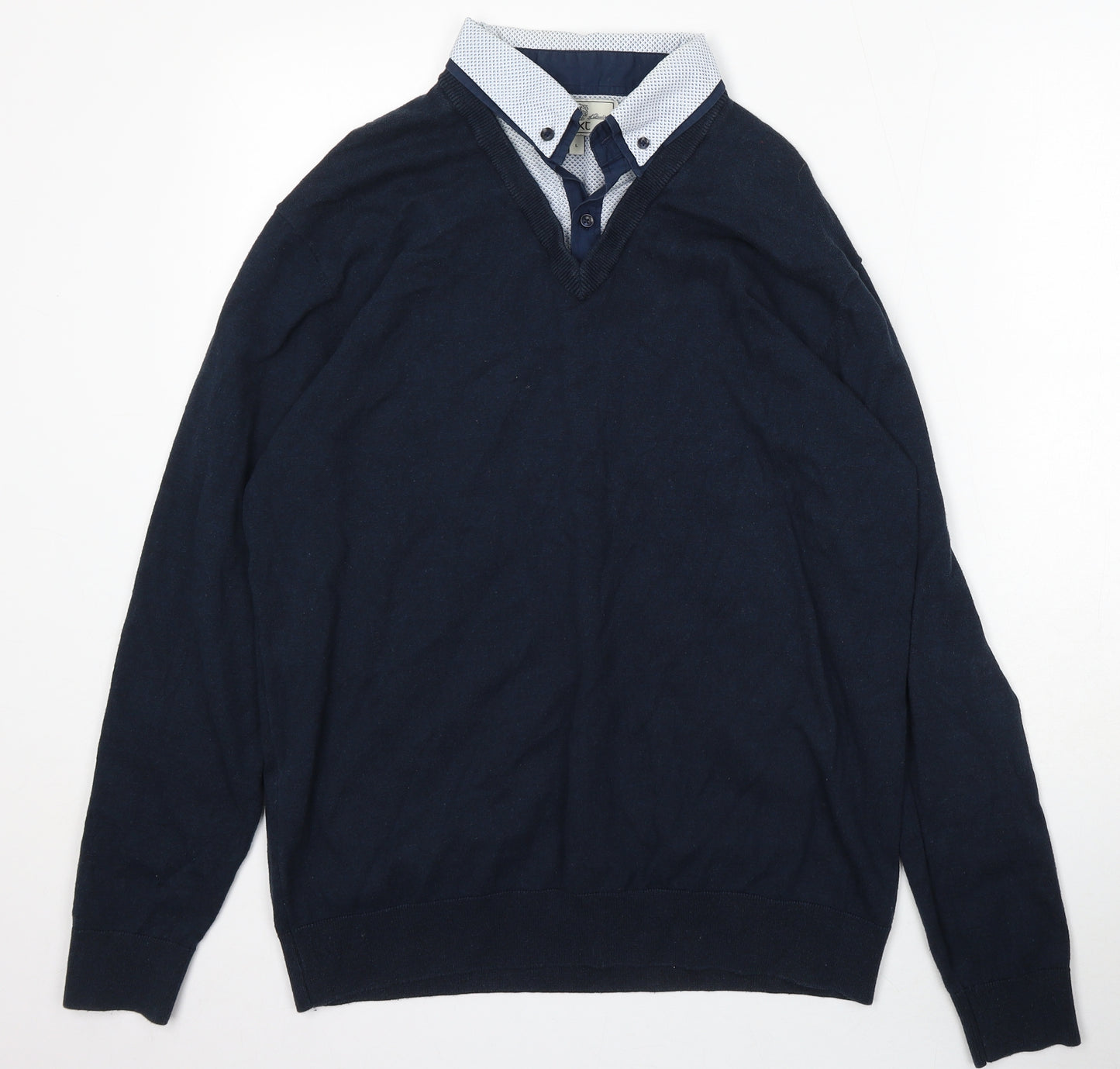 NEXT Mens Blue Collared Acrylic Pullover Jumper Size L - Built in Shirt Collar