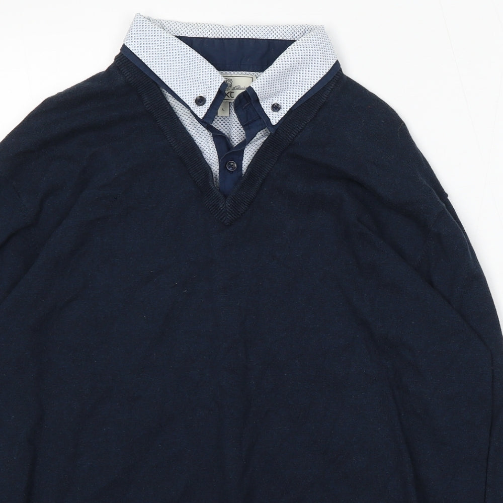 NEXT Mens Blue Collared Acrylic Pullover Jumper Size L - Built in Shirt Collar