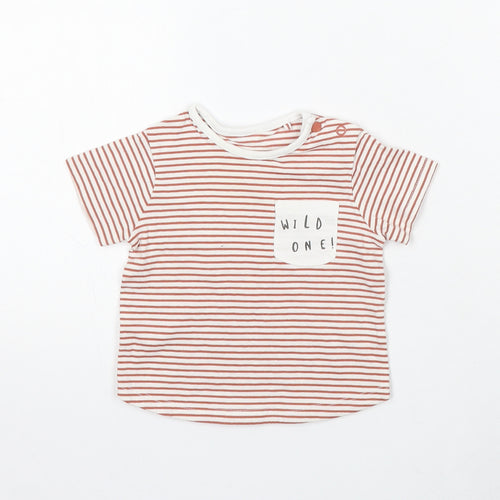 TU Boys White Striped Cotton Basic T-Shirt Size 6-9 Months Round Neck Snap - Wild One!