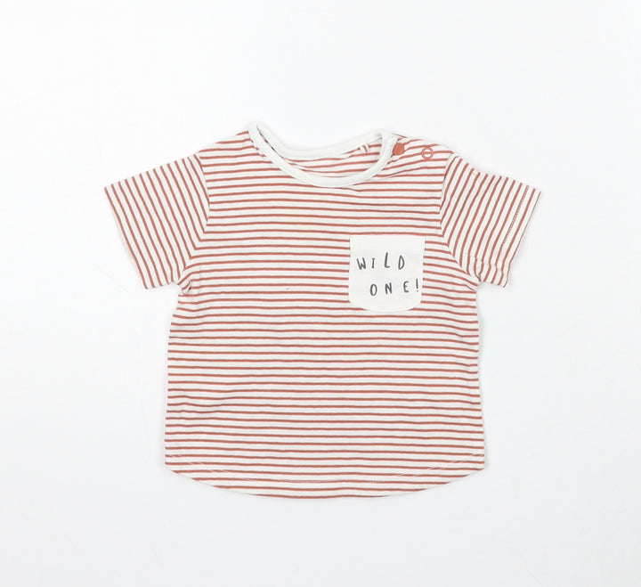 TU Boys White Striped Cotton Basic T-Shirt Size 6-9 Months Round Neck Snap - Wild One!